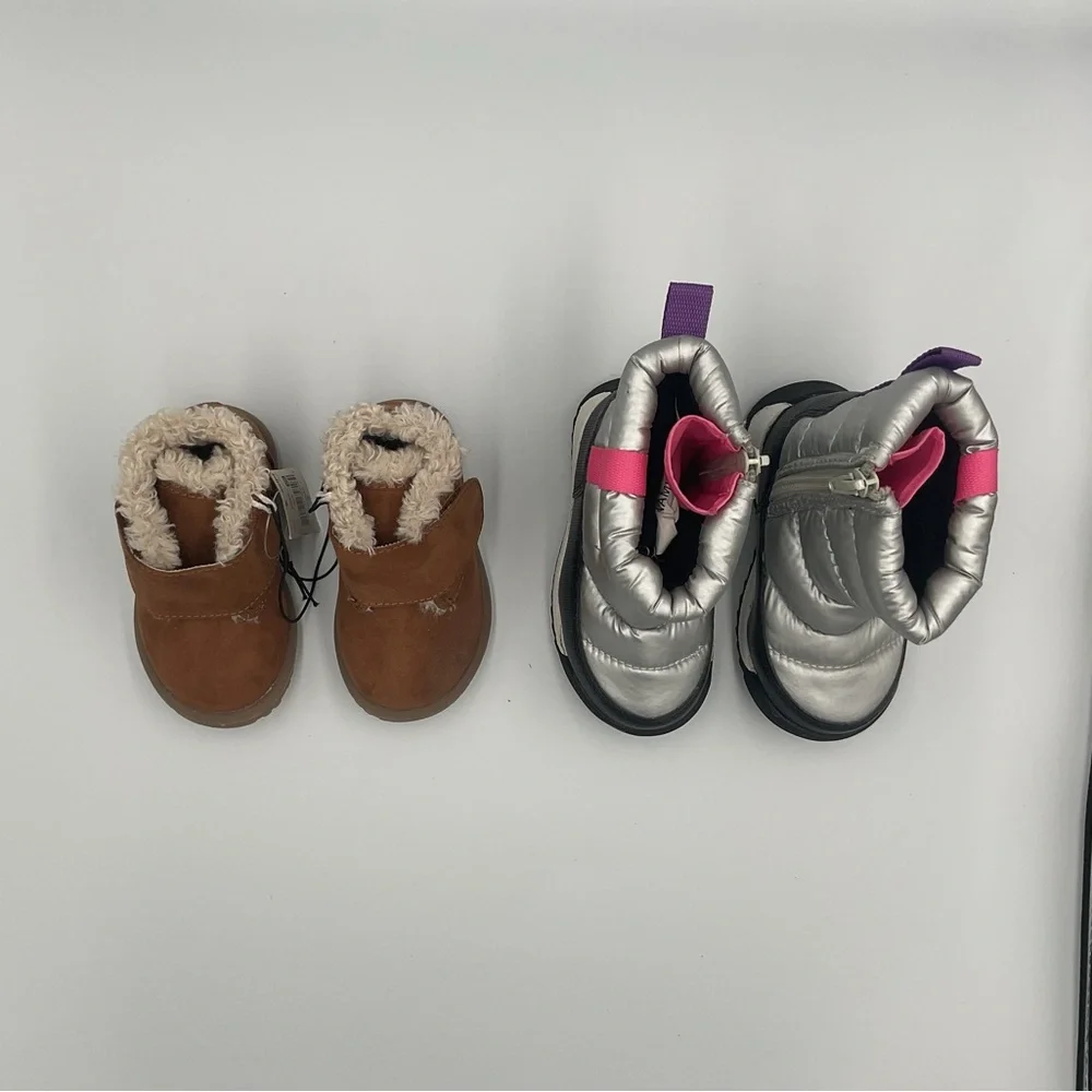 Lot x2 Wonder Nation Puffy Silver Winter Snow Boots Falls Creek Brown Fur Sz 5/6